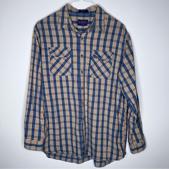 Pendleton‎ Large Navy/Red/Wheat Plaid Long Sleeve Flannel Size Large - Picture 4 of 4